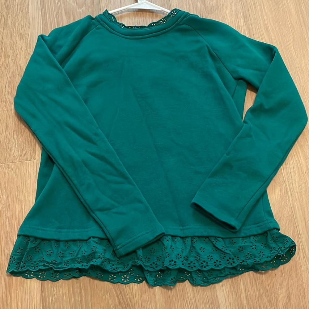 Green eyelet collared and ruffled sweatshirt Mini Boden size 13-14